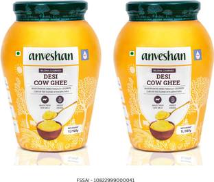 Anveshan A2 Desi Cow Ghee (1 Litre x 2 Jars) | Traditionally Bilona-Churned Ghee Mason Jar