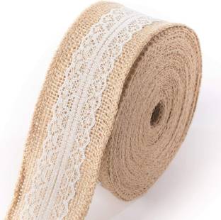 DELINGER 1pc. Jute Natural Lace Burlap White Ribbon Jute Twine for DIY Projects, Décor Beige Chiffon Ribbon