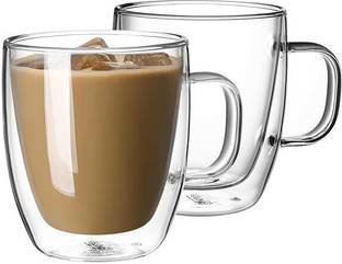 JELVI (Pack of 2) Double Wall Insulated Glasses Coffee Mugs,Tea Cups,Latte Cups,Beverage Glasses Glass Water/Juice Glass
