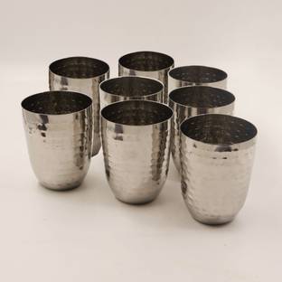 Spilbox (Pack of 8) Stainless Steel Hammered Tumbler Glass Set Water/Juice Glass