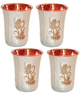 Raghav industries Set of 4 Pcs Design Copper Steel Water Glasses Glass Set Water/Juice Glass