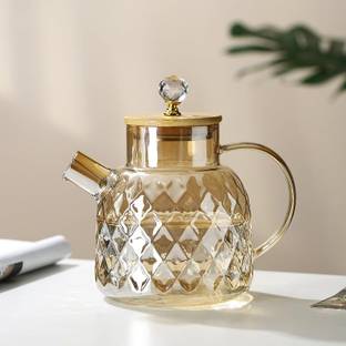 Hatanu Mall Golden Tea Pot Kettle with Wooden Lid Crystal Diamond Handle for coffee Glass Water/Juice Glass