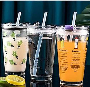 S1Store (Pack of 3) Printed Glass with Airtight Lid and Straw,Coffee Mug Glass Set (450 ml, Glass) Glass Set Water/Juice Glass