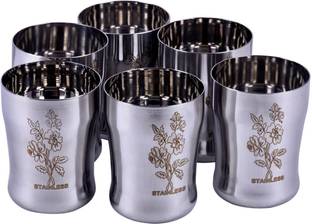 Vikas Metal (Pack of 6) stainless steel flower printed laser glass Glass Set Water/Juice Glass