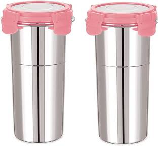 Lipsa Enterprise (Pack of 2) Click and Seal Lock Fusion Tumbler Stainless Steel Storage Container -Blue600ML Glass Water/Juice Glass