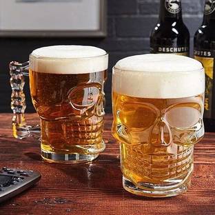Sitaram Creation (Pack of 2) Skull Ber Mug 530ML for Your Home Bar|Large Glass Ber Mug for Party|crystal glass Glass Set Beer Mug