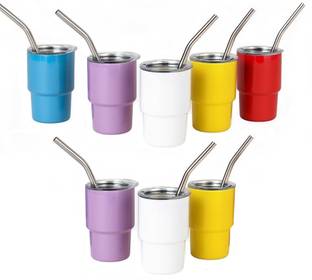 IndusBay (Pack of 8) 3 oz Mini Tumbler Shot Glass Stainless Steel Insulated glass with Straw and Lid Glass Set Shot Glass
