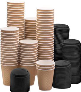 Shop & Shoppee (Pack of 25) Disposable Ripple Paper Cups with Lids \ Cover for Hot & Cold Drink in Parties, Glass Set Hot Beverage Glass