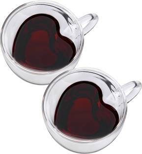 VIRCO (Pack of 2) Exclusive Double Wall Heart Shape Borosilicate Glass Cup with Handle (Pack 1 ) Glass Water/Juice Glass