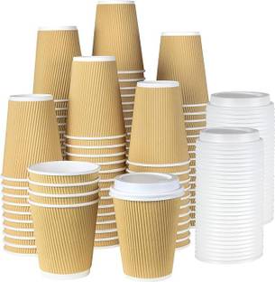 Shop & Shoppee (Pack of 25) Disposable Ripple Paper Cup with Lids \ Cover for Hot & Cold Drink in Parties, Glass Hot Beverage Glass