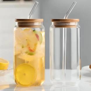 SHRUJA Drinking Glass Can Wooden Lid Sipper Mason Jar for Mojito Ice Glass Set Water/Juice Glass