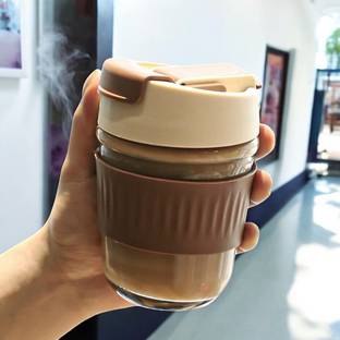 B AND S ENTERPRISE Coffee Mug 350ml Glass travel Mug with Lid - Reusable and Portable Glass Water/Juice Glass