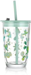 KEITSI Glass Sipper with Lid and Straw Tumbler with Straw, 400 ml-Set of 1 Glass Cocktail Glass