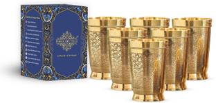IndianArtVilla (Pack of 6) Brass Glass Tumbler, Embossed Design, 330 ML Each, Set of 6 Glass Water/Juice Glass