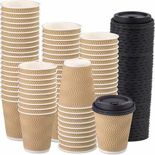 Shop & Shoppee (Pack of 50) Disposable Ripple Paper Cups with Lids \ Cover for Hot & Cold Drink in Parties, Glass Hot Beverage Glass