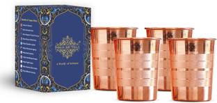 IndianArtVilla (Pack of 4) Set of 4, Copper Glass, Ring Design 300 ml each Glass Water/Juice Glass