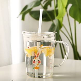 Lexiwells Random Design Glass Tumbler with Handle, Clear Lid with Scale Straw for Multiple Usage Set | Juice Cup | Baby Cup | Milk Mug | Measuring Drinking Cup, 300 ml, Transparent, (Pack of 1) Glass Water/Juice Glass