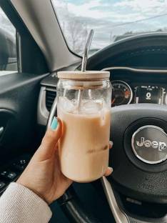 Devish Glass Can With Straw and wooden lid Glass Water/Juice Glass