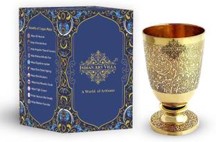 IndianArtVilla Brass Embossed Designer Shine Finish Tumbler, Drinkware & Serveware, 350 ML , Goldq Glass Water/Juice Glass