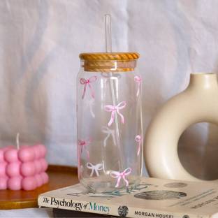 नजरत Bow Glass Tumbler With Bamboo Lid and Reusable Glass Straw ग्लास