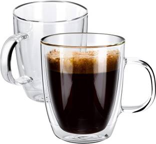 TINSUHG Pack of 2 Glass Glass Basic Tea Coffee Milk Mug Hot Beverages Cappuccino, Latte, Big Tea Cup