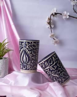caffeine Ceramic Handmade Blue Mughal Water Glass (Set of 2 ) Glass Water/Juice Glass