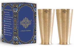IndianArtVilla (Pack of 2) Pure Brass 700 ML Shine Finish Lassi Glass in Embossed Design For Milk, Lassi- Glass Set Water/Juice Glass
