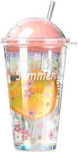 SHRUJA Drinking Glasses Tumbler with Plastic Gliter Lid and Straw Pack of 1 Glass Water/Juice Glass