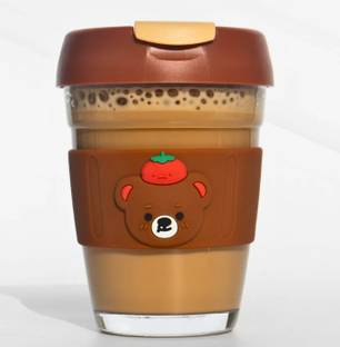 PAUL SONS Cute Bear Glass Travel Cup with Tomato Design,Reusable Coffee Mug with Flip Lid Glass Water/Juice Glass