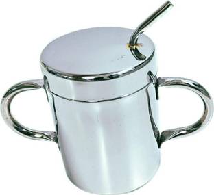 90 Degree Stainless Steel Straw Glass with Handle for Kids with Lid for Milk (Silver) Glass Water/Juice Glass
