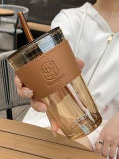 VM PARTNER Sipper Coffee Mug with Leather Sleeve with Straw Glass Set Water/Juice Glass