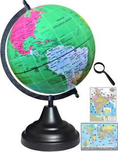 Savy Globe 8 Inch=20.32 cm with 75 mm Magnifying Glass, India, World Maps, Rotating, Black Arc Base, Multi Colored Map, Glossy Green Ocean School Home Office Décor Glossy Green Decorative Antique World Globe