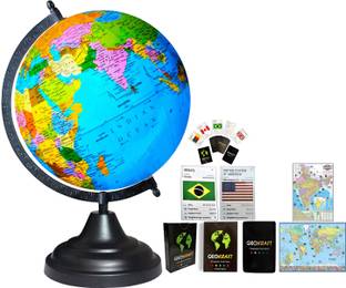 Glasso Globe Hight 12", Diameter 8"=20.32 cm, 52 Country Trump Cards and World Map, Black Arc Base, Multicolor Map, Blue Ocean for Kids School Home Office Laminated Political Geography Study World Globe