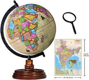 Savy 8 IN Globe with 50 mm Magnifying Glass & India Map Wooden Base Metal Multicolor Map Cream for Kids School Office Home Decorative Table Décor Antique Showpiece Educational Geography World Globe