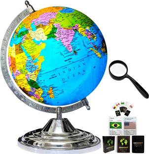 Savy Steel Globe 15" Height, 12" Diameter, 75 mm Magnifying Glass & 52 Country Cards, Steel Arc and Base, Multicolor Map, Blue Ocean for Kids School Home Office Table Laminated Political Geography Study World Globe