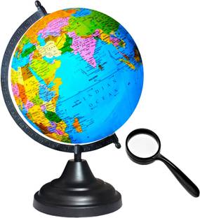 Savy Black Globe Hight 12"=30.4cm, Globe Diameter 8"=20.32cm & 75 mm MagnifyingGlass, Black Arc & Base, Multicolor Map, Blue Ocean for Kids School Home Office Table Rotating Laminated Political Geography Study World Globe