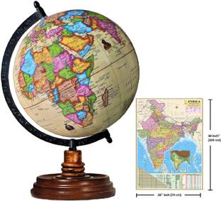 Savy 8 IN Globe with India Map Wooden Base Black Metal Arc Multicolor Map Cream Ocean for Kids School Office Home Laminated Decorative Table Décor Antique Showpiece Educational Geography World Globe