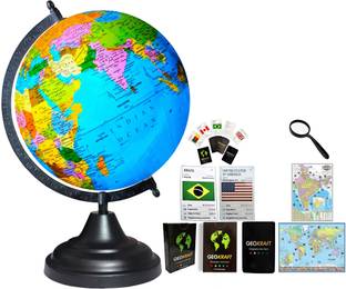 Glasso Globe Hight 12"=30.4 cm, Globe Diameter 8"=20.32 cm, Decorative, Black Arc Base, Multicolor Monuments Map, Blue Ocean for Kids School Home Office Laminated Political Geography Study World Globe