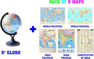 NCP 5 INCH GLOBE FOR KIDS WITH INDIAN CONSTITUTION , INDIA & WORLD (POLITICAL & PHYSICAL MAP) : PACK OF 5 MAPS : EACH SIZE 28" X 40" INCH ( 70 X 100 CMS ) : PAPER PRINT DESK & TABLE TOP POLITICAL World Globe