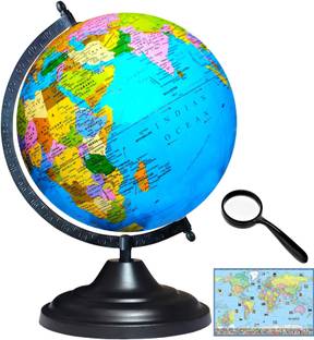 Savy 12 Inch Globe Black Metal Base Color Map 50 mm Magnifying Glass & World Map for Kids School Office Home Showpiece Table Décor Laminated Decorative Gift Item Geography World Globe