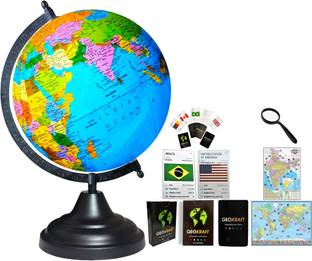 Glasso Globe Hight 12" Dia 8", 52 Countries Trump Cards, 50mmMagnifier,India,WorldMaps, Black Arc Base, Multicolor Map, Blue Ocean for Kids School Home Office Table Laminated Political Geography Study World Globe