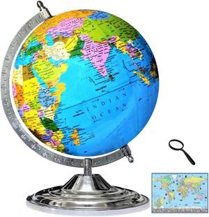 Savy 10 Inch Globe Steel Metal Arc Base Color Map 50 mm Magnifying Glass & World Map for Kids School Office Home Showpiece Table Décor Laminated Decorative Gift Item Political Geography World Globe