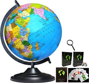 Savy 12 Inch Globe + 52 Countries Trump Cards + Magnifier 50 mm, Black Arc and Base, Black Arc Base, Multicolor Map Blue Ocean for Kids School Home Office Table Political Geography Study World Globe