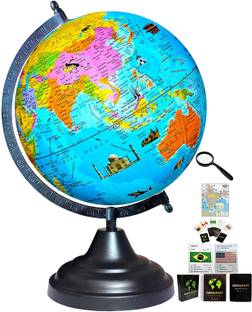 Glasso Globe Hight 12" Dia 8", 52 Countries Trump Cards, 50 mm Magnifier and India Map, Black Arc Base, Multicolor Monuments Map, Blue Ocean for Kids School Home Office Laminated Political Geography Study World Globe