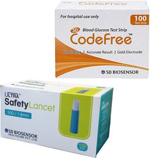 SD CODEFREE STRIPS & SAFETY LANCET (100) - 100 Glucometer Strips