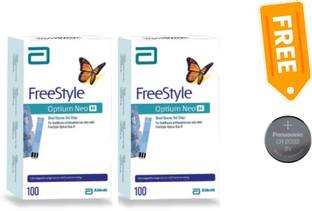 Freestyle 100X2 Glucose Strips With Free CR2032 Battery - 200 Glucometer Strips