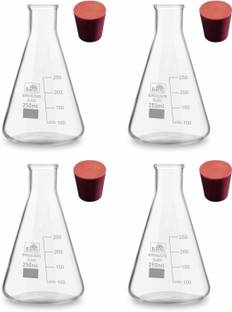 Bello Borosilicate Glass Conical Flask with Cork, Narrow Mouth 250ml Pack of 4 Borosilicate Glass Graduated Cylinder
