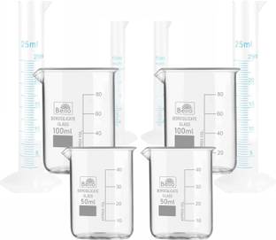Bello Borosilicate Beaker 50ml, 100ml With Plastic Cylinder 10ml, 25ml, Pack of 8 Borosilicate Glass Graduated Cylinder