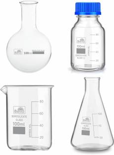 Bello Borosilicate beaker, Reagent Bottle Conical Flask, Round Bottom Flask Pack of 4 Borosilicate Glass Graduated Cylinder