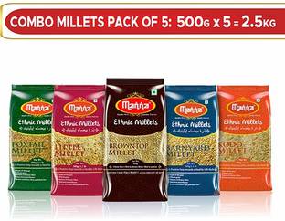 Manna Millets Combo Pack of 5 (with Browntop) | Natural Grains| Browntop 500g, Little 500g, Kodo 500g, Foxtail 500g, Barnyard 500g | Low GI Rice | Nutrient Powerhouse, High Protein & More Fibre than Rice Mixed Millet